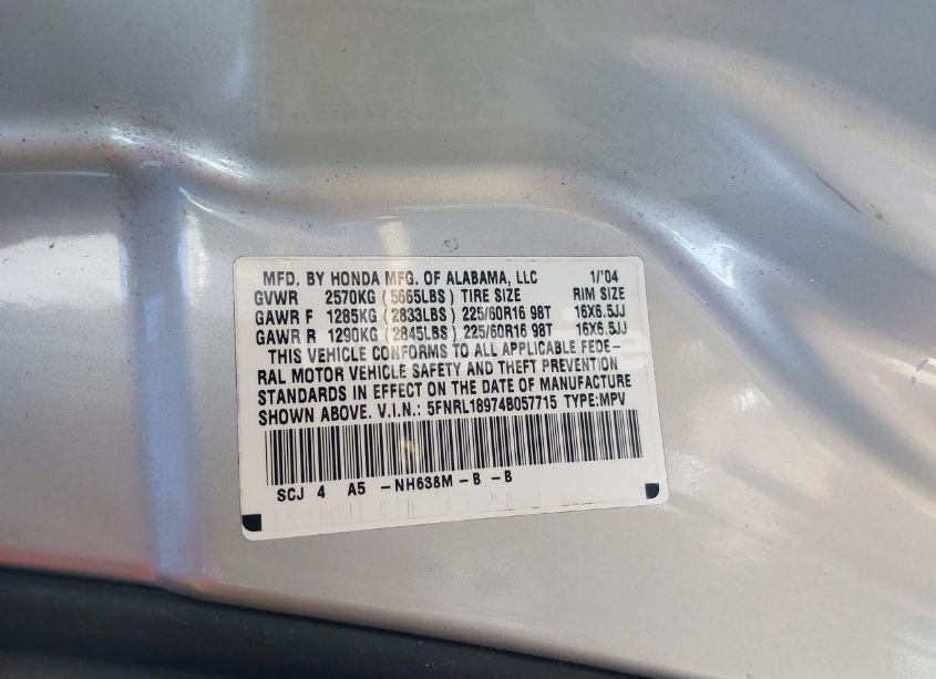 Photo 9 of 2004 Honda Odyssey EX-L (VIN 5FNRL18974B057715)