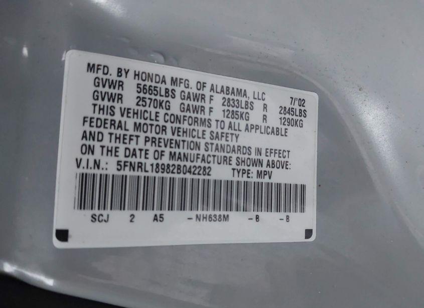 Photo 9 of 2002 Honda Odyssey EX-L (VIN 5FNRL18982B042282)