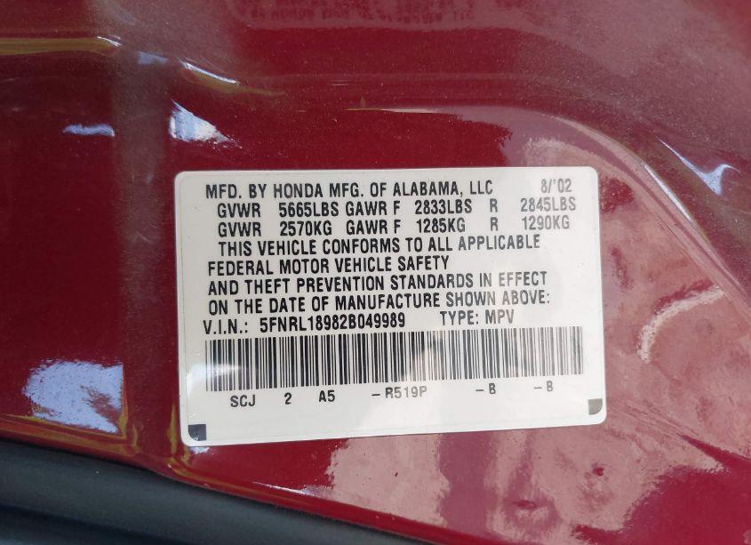 Photo 9 of 2002 Honda Odyssey EX-L (VIN 5FNRL18982B049989)