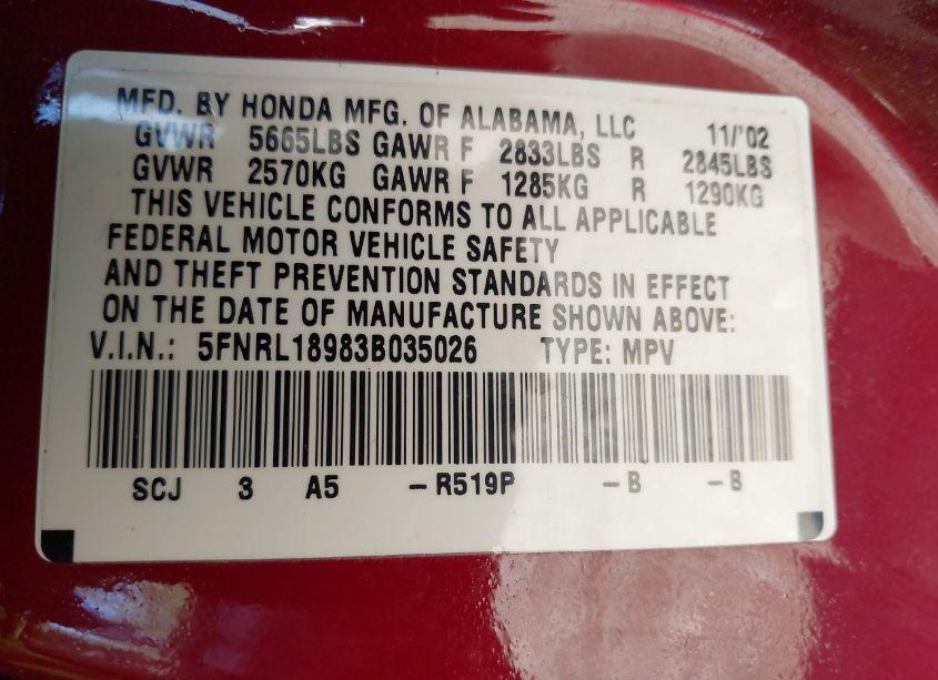 Photo 9 of 2003 Honda Odyssey EX-L (VIN 5FNRL18983B035026)