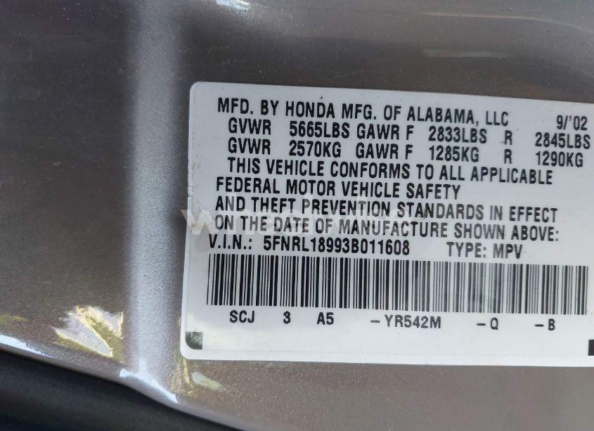 Photo 9 of 2003 Honda Odyssey EX-L (VIN 5FNRL18993B011608)