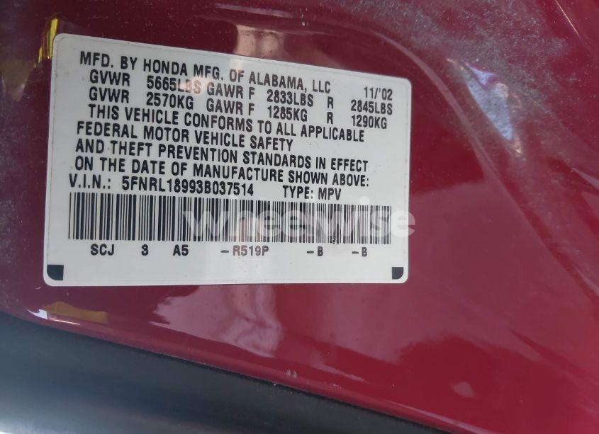 Photo 9 of 2003 Honda Odyssey EX-L (VIN 5FNRL18993B037514)