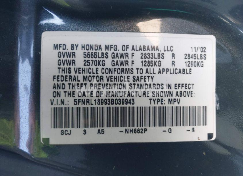 Photo 9 of 2003 Honda Odyssey EX-L (VIN 5FNRL18993B039943)