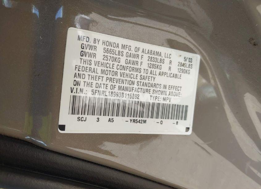 Photo 9 of 2003 Honda Odyssey EX-L (VIN 5FNRL18993B116892)