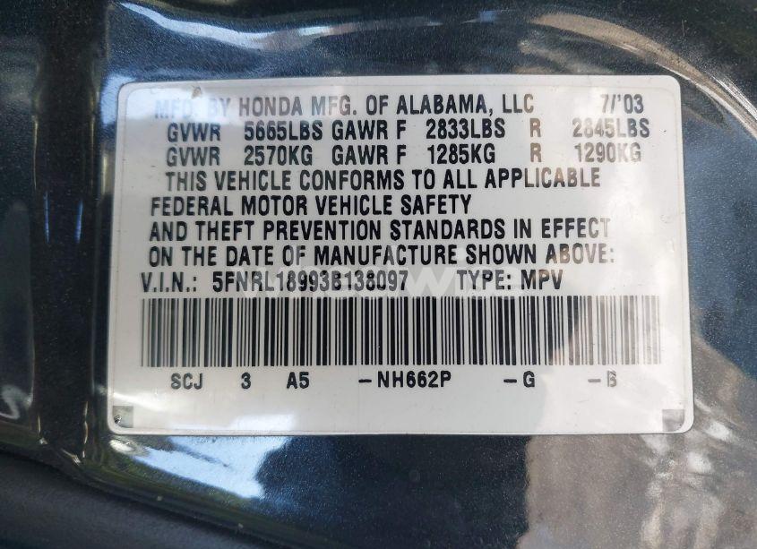 Photo 9 of 2003 Honda Odyssey EX-L (VIN 5FNRL18993B138097)