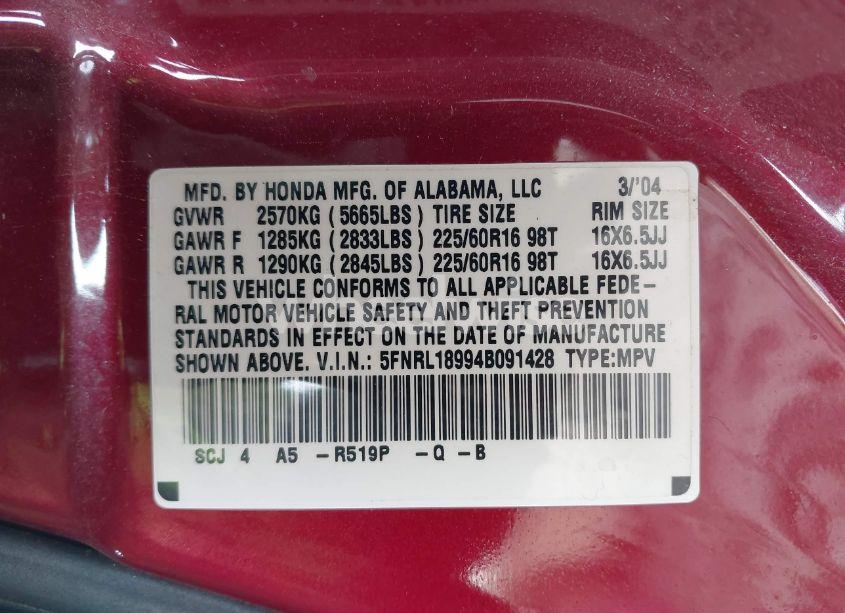 Photo 9 of 2004 Honda Odyssey EX-L (VIN 5FNRL18994B091428)