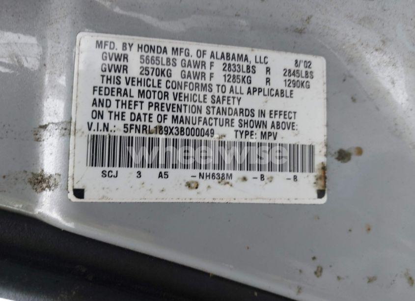 Photo 9 of 2003 Honda Odyssey EX-L (VIN 5FNRL189X3B000049)