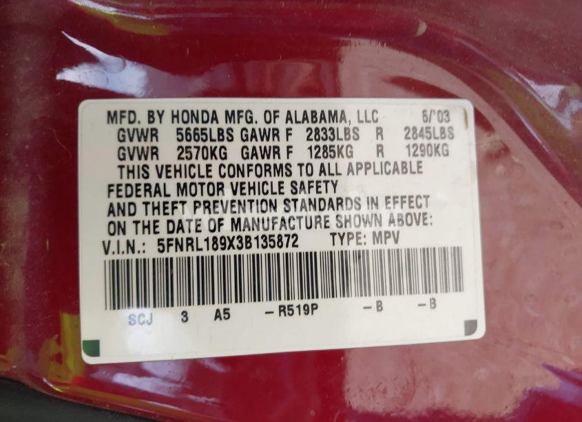 Photo 9 of 2003 Honda Odyssey EX-L (VIN 5FNRL189X3B135872)