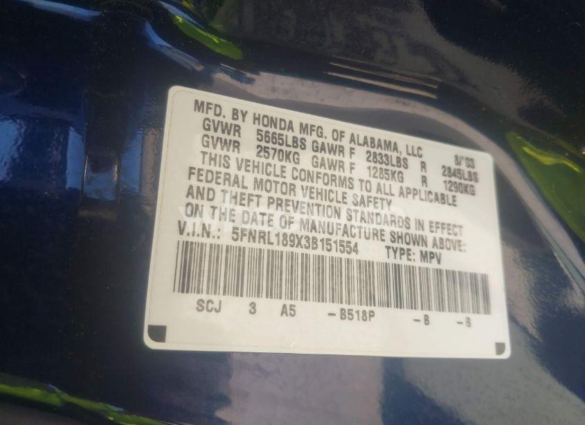 Photo 9 of 2003 Honda Odyssey EX-L (VIN 5FNRL189X3B151554)