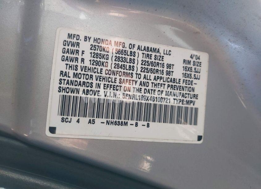 Photo 9 of 2004 Honda Odyssey EX-L (VIN 5FNRL189X4B100721)