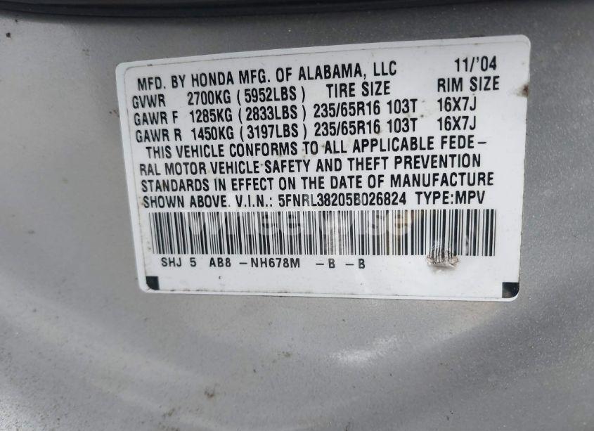 Photo 9 of 2005 Honda Odyssey LX (VIN 5FNRL38205B026824)