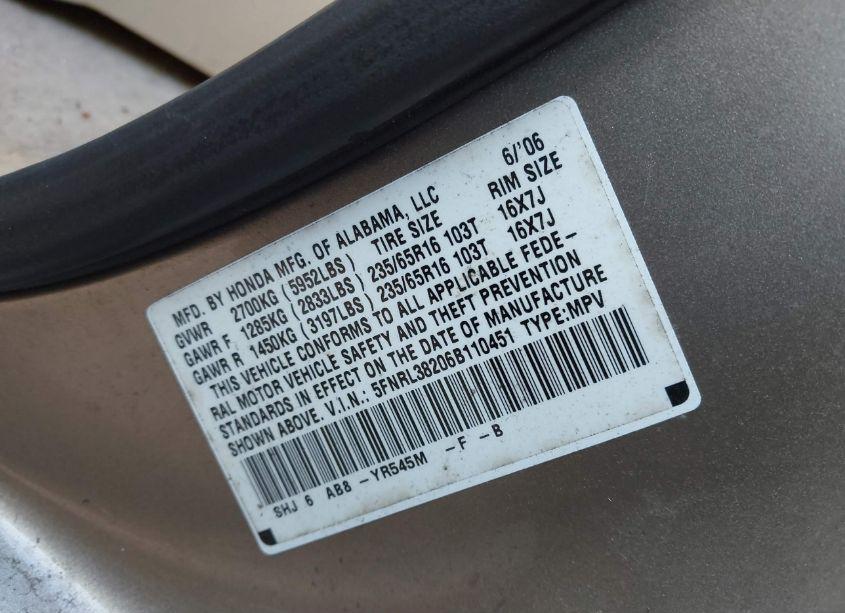 Photo 9 of 2006 Honda Odyssey LX (VIN 5FNRL38206B110451)