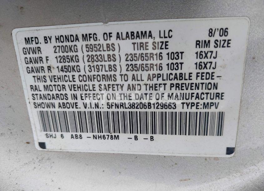 Photo 9 of 2006 Honda Odyssey LX (VIN 5FNRL38206B129663)