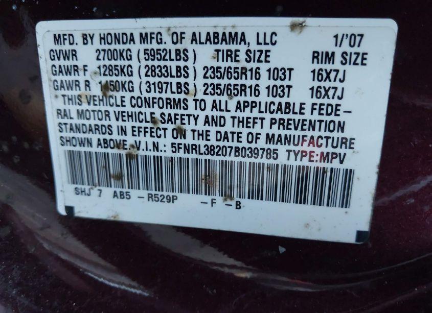 Photo 9 of 2007 Honda Odyssey LX (VIN 5FNRL38207B039785)