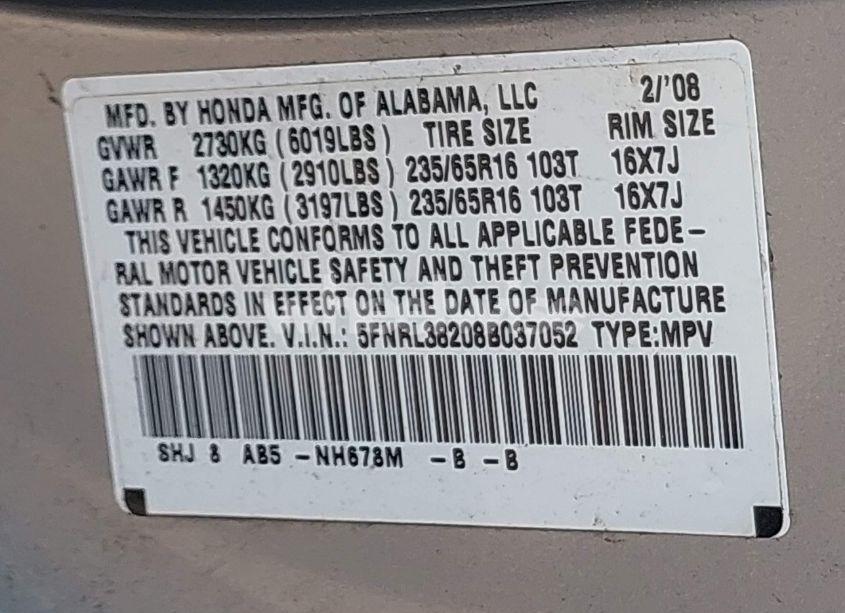 Photo 9 of 2008 Honda Odyssey LX (VIN 5FNRL38208B037052)