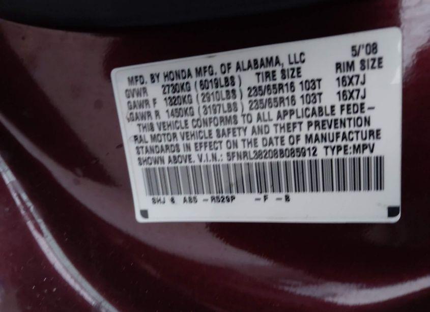 Photo 9 of 2008 Honda Odyssey LX (VIN 5FNRL38208B085912)