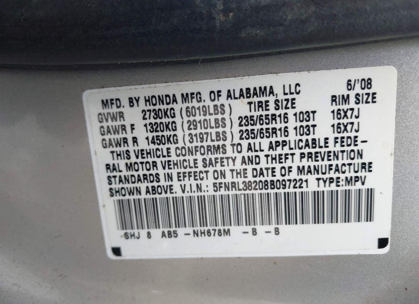 Photo 9 of 2008 Honda Odyssey LX (VIN 5FNRL38208B097221)
