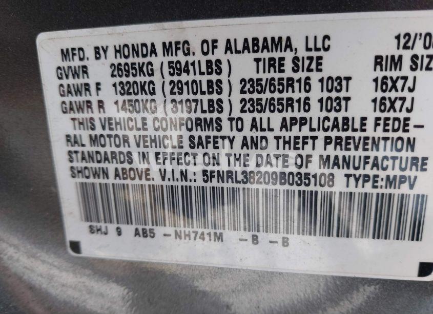 Photo 9 of 2009 Honda Odyssey LX (VIN 5FNRL38209B035108)