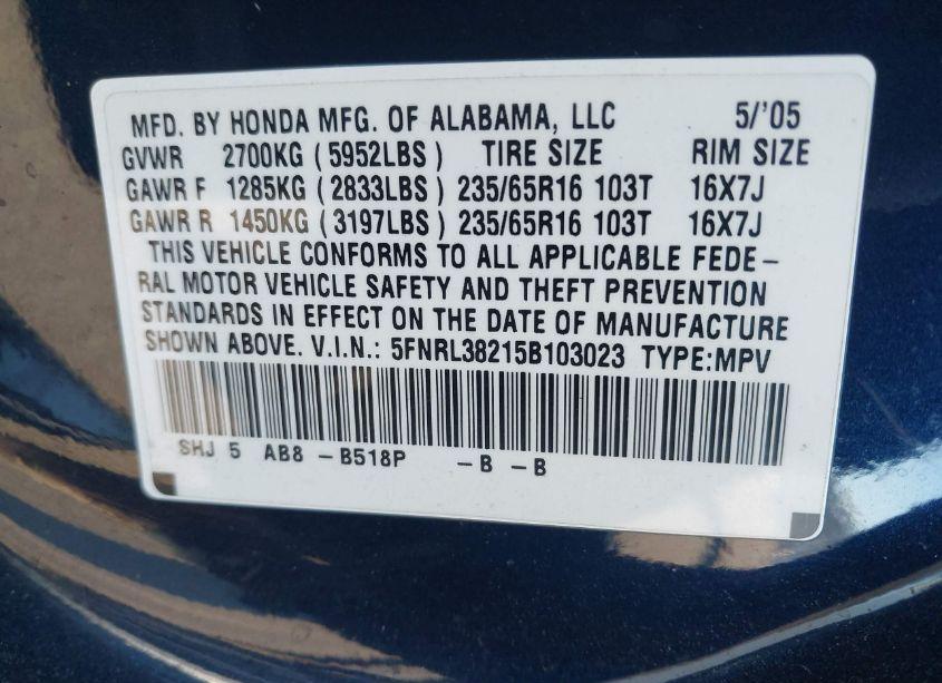 Photo 9 of 2005 Honda Odyssey LX (VIN 5FNRL38215B103023)