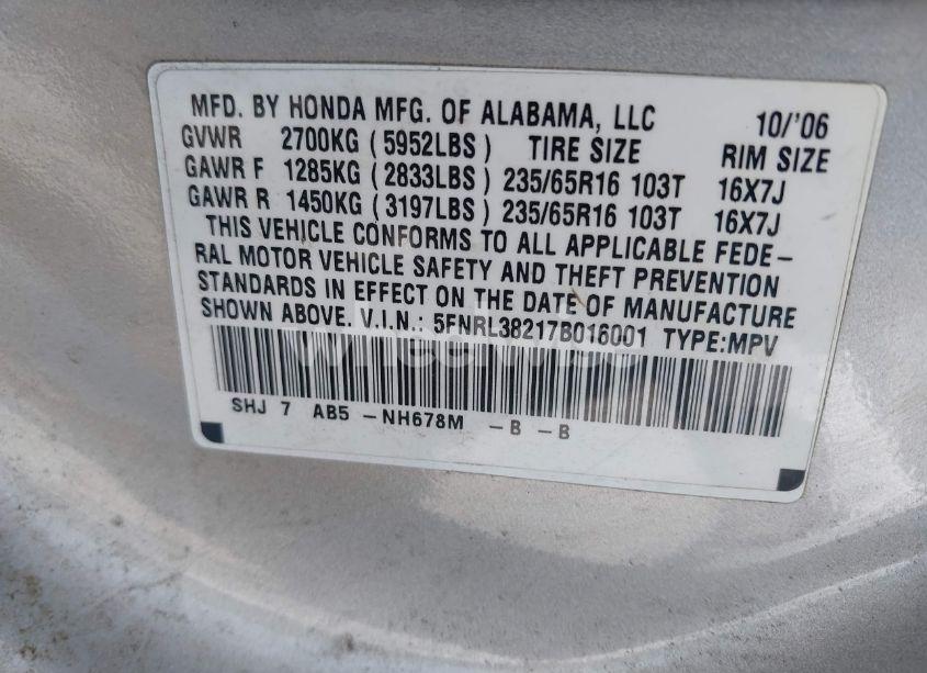 Photo 9 of 2007 Honda Odyssey LX (VIN 5FNRL38217B016001)