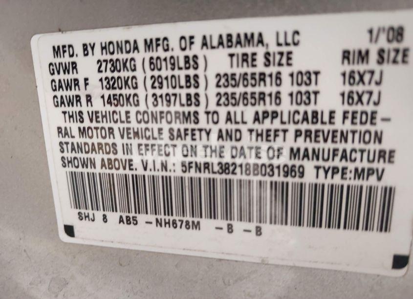 Photo 9 of 2008 Honda Odyssey LX (VIN 5FNRL38218B031969)