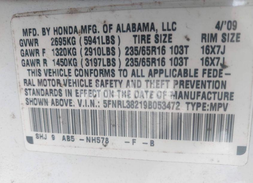 Photo 9 of 2009 Honda Odyssey LX (VIN 5FNRL38219B053472)