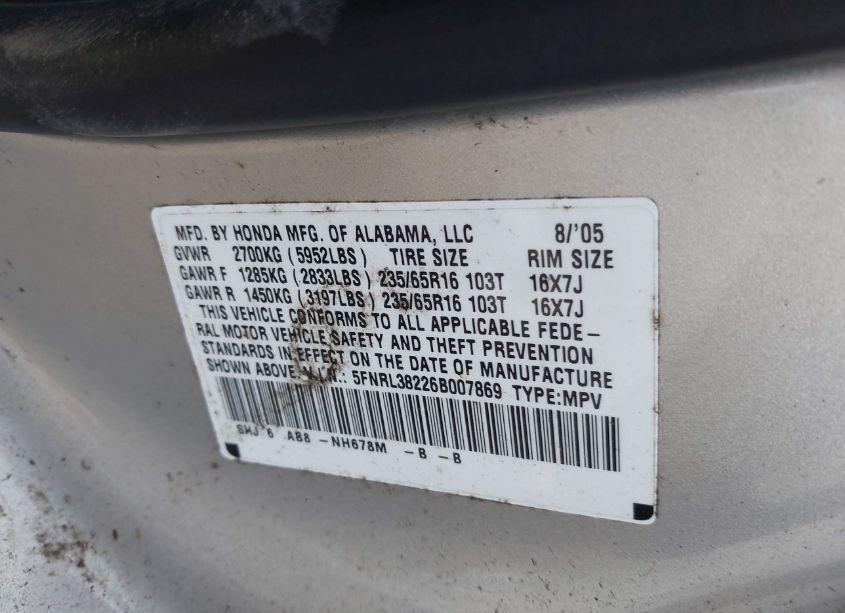 Photo 9 of 2006 Honda Odyssey LX (VIN 5FNRL38226B007869)