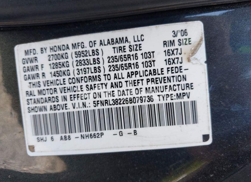 Photo 9 of 2006 Honda Odyssey LX (VIN 5FNRL38226B079736)