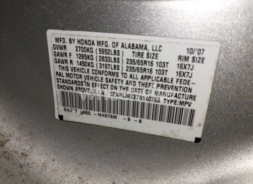 Photo 9 of 2007 Honda Odyssey LX (VIN 5FNRL38227B140763)