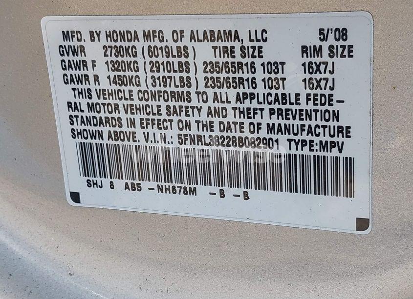 Photo 9 of 2008 Honda Odyssey LX (VIN 5FNRL38228B082901)