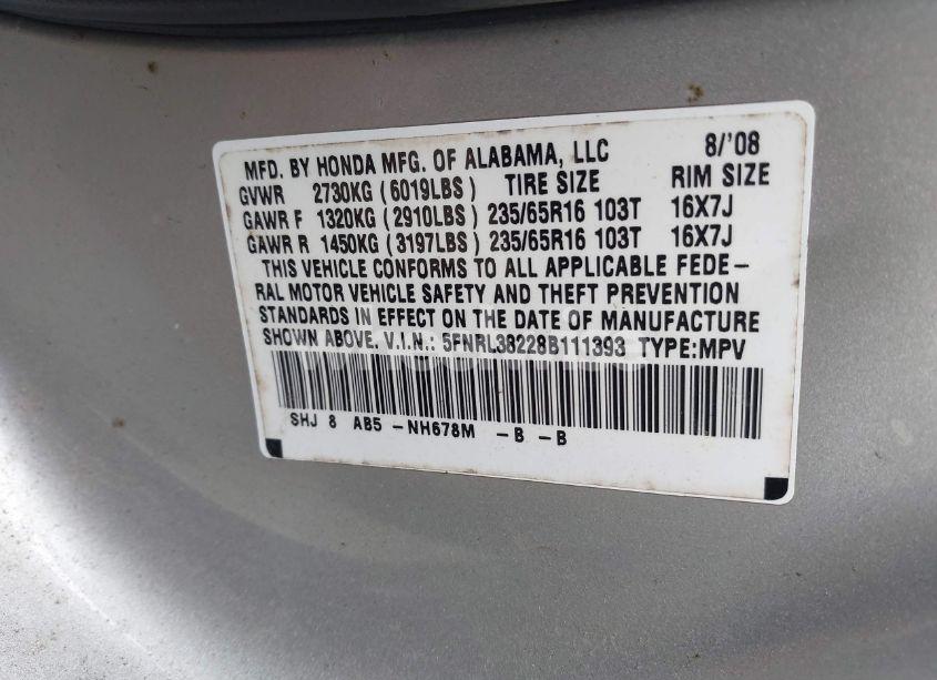 Photo 9 of 2008 Honda Odyssey LX (VIN 5FNRL38228B111393)