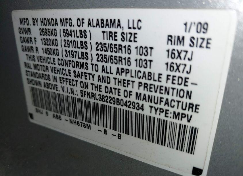 Photo 9 of 2009 Honda Odyssey LX (VIN 5FNRL38229B042934)