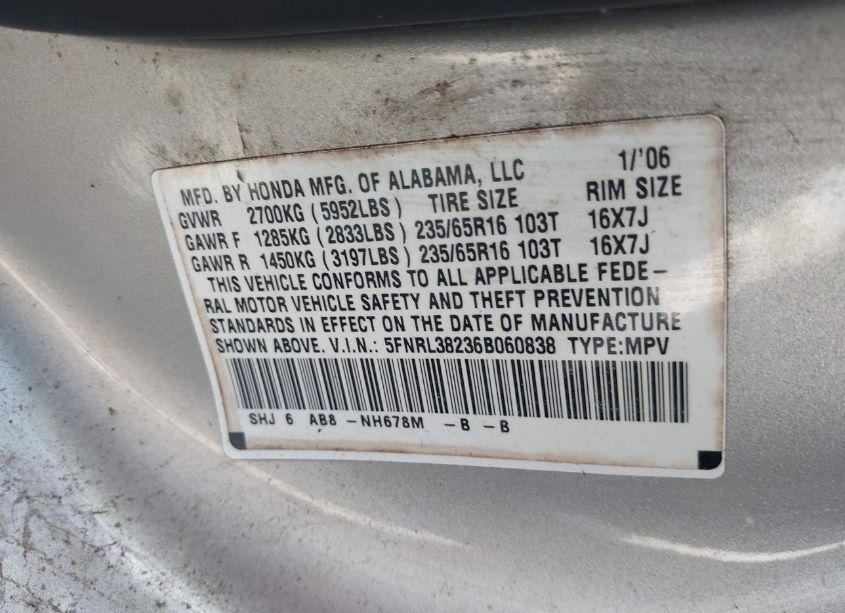 Photo 9 of 2006 Honda Odyssey LX (VIN 5FNRL38236B060838)