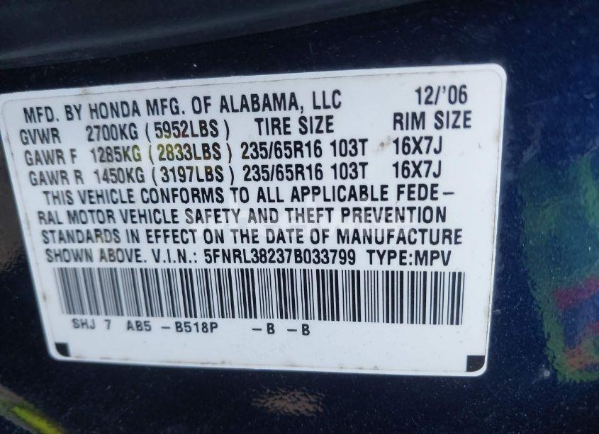 Photo 9 of 2007 Honda Odyssey LX (VIN 5FNRL38237B033799)