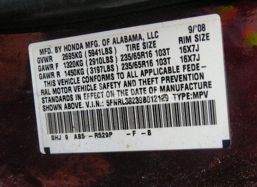 Photo 9 of 2009 Honda Odyssey LX (VIN 5FNRL38239B012129)