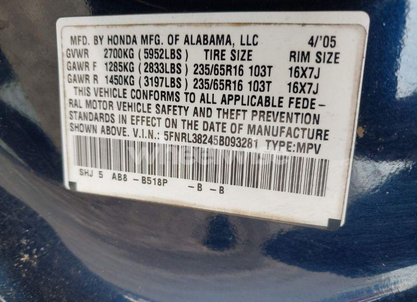 Photo 9 of 2005 Honda Odyssey LX (VIN 5FNRL38245B093281)