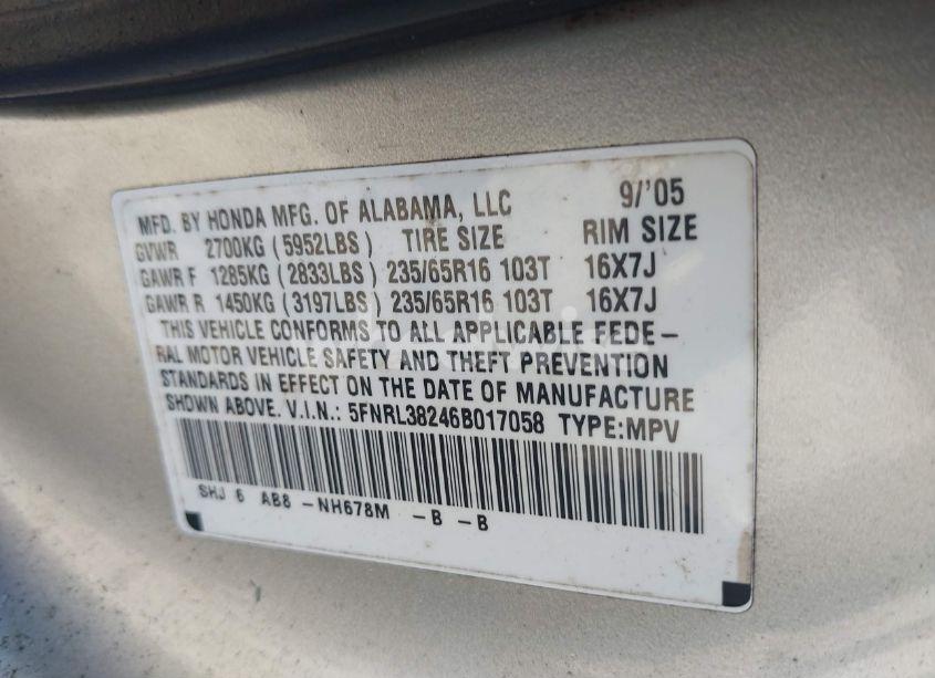 Photo 9 of 2006 Honda Odyssey LX (VIN 5FNRL38246B017058)