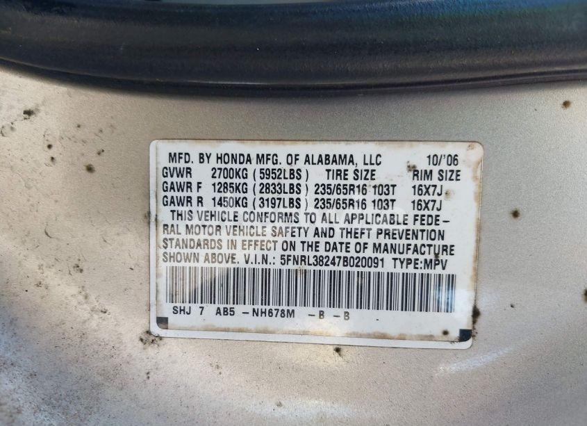 Photo 9 of 2007 Honda Odyssey LX (VIN 5FNRL38247B020091)