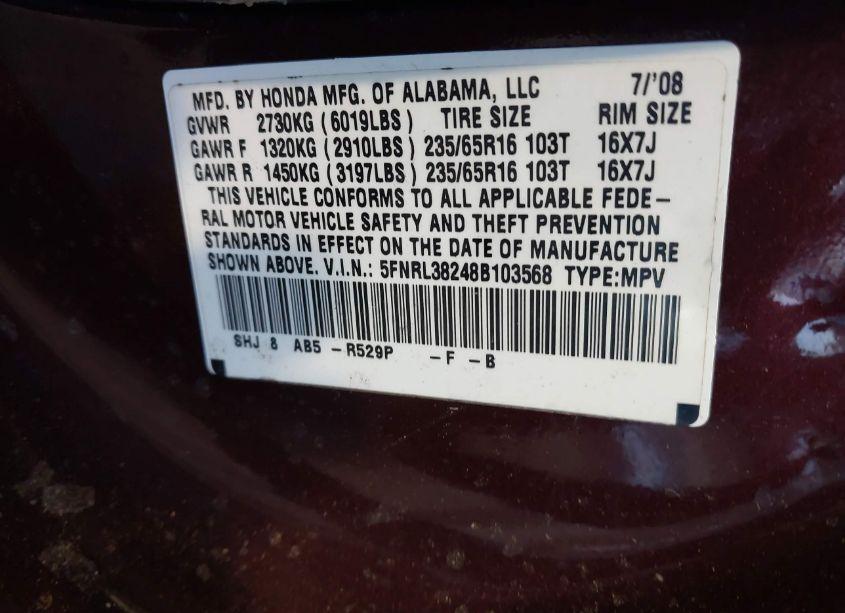Photo 9 of 2008 Honda Odyssey LX (VIN 5FNRL38248B103568)