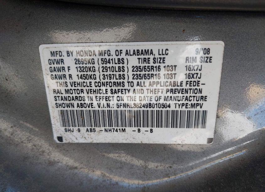 Photo 9 of 2009 Honda Odyssey LX (VIN 5FNRL38249B010504)