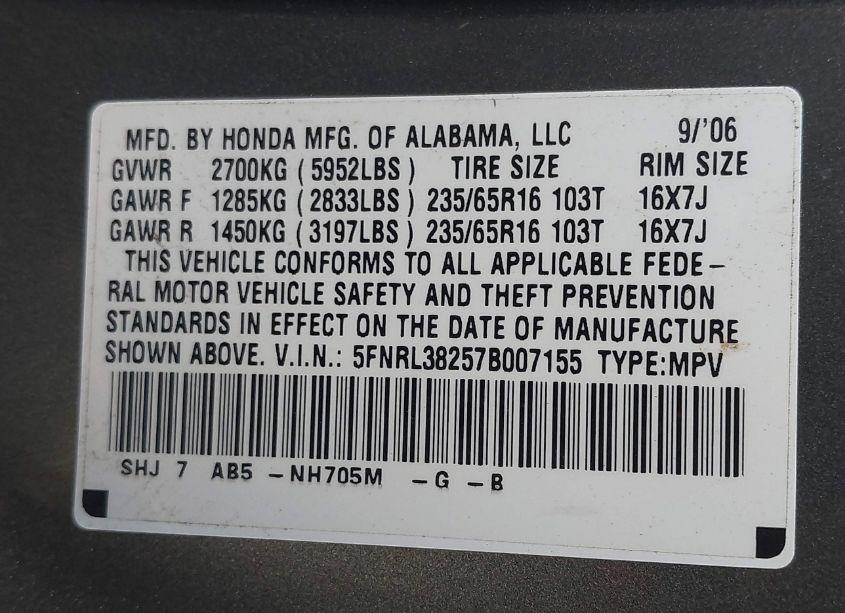 Photo 9 of 2007 Honda Odyssey LX (VIN 5FNRL38257B007155)