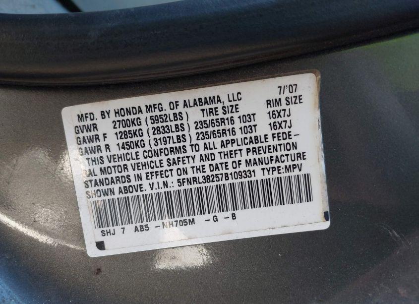 Photo 9 of 2007 Honda Odyssey LX (VIN 5FNRL38257B109331)