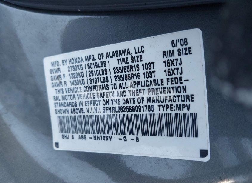 Photo 9 of 2008 Honda Odyssey LX (VIN 5FNRL38258B091785)