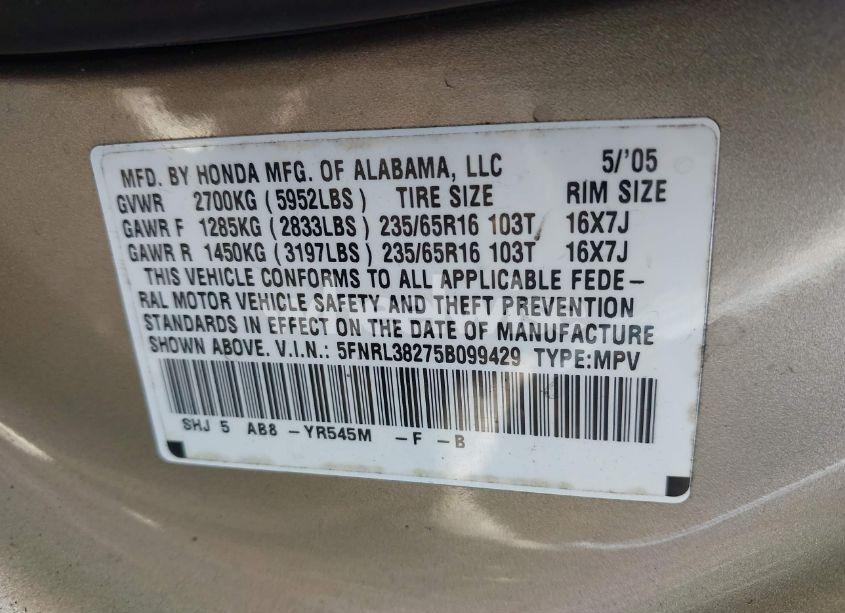 Photo 9 of 2005 Honda Odyssey LX (VIN 5FNRL38275B099429)