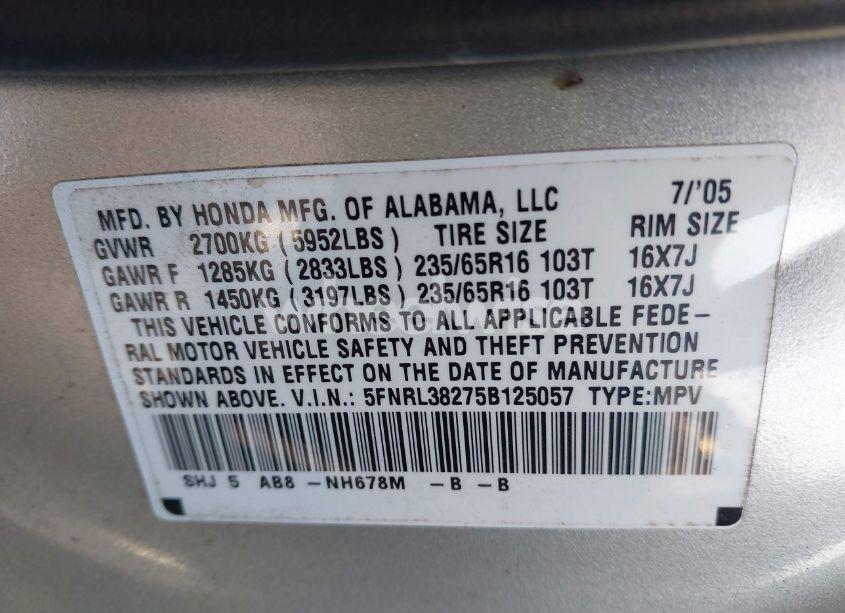 Photo 9 of 2005 Honda Odyssey LX (VIN 5FNRL38275B125057)
