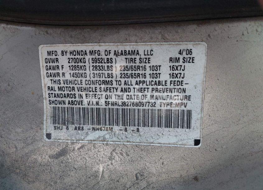 Photo 9 of 2006 Honda Odyssey LX (VIN 5FNRL38276B097732)