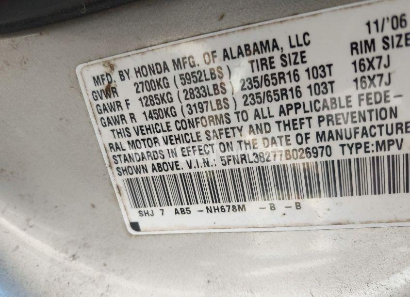 Photo 9 of 2007 Honda Odyssey LX (VIN 5FNRL38277B026970)