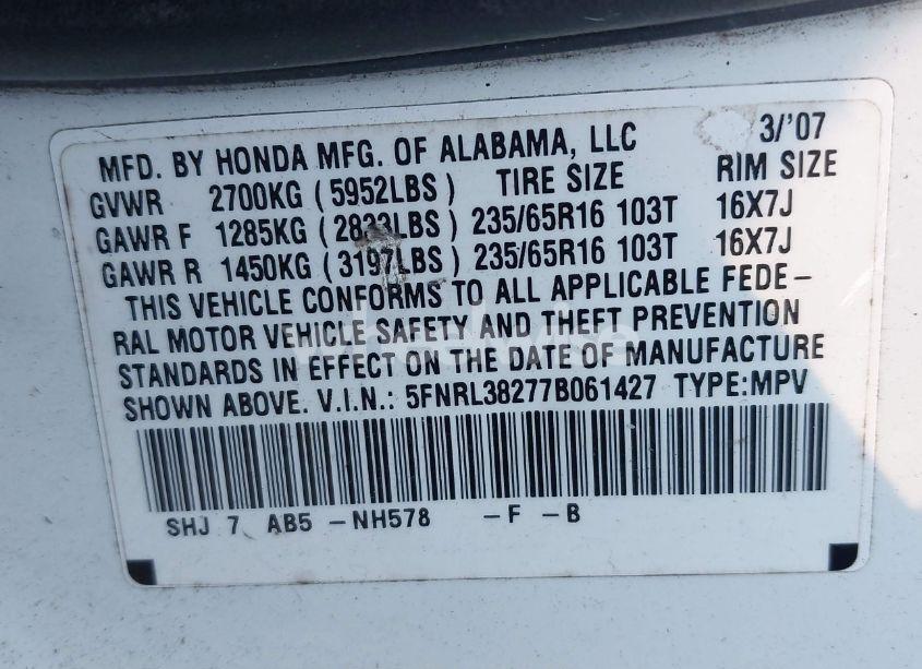 Photo 9 of 2007 Honda Odyssey LX (VIN 5FNRL38277B061427)