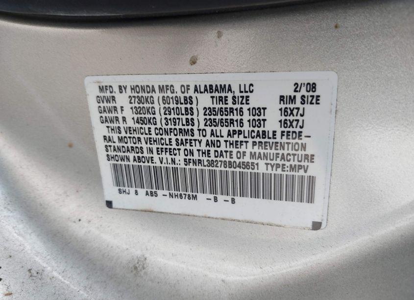 Photo 9 of 2008 Honda Odyssey LX (VIN 5FNRL38278B045651)