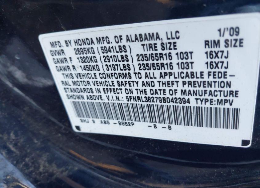 Photo 9 of 2009 Honda Odyssey LX (VIN 5FNRL38279B042394)